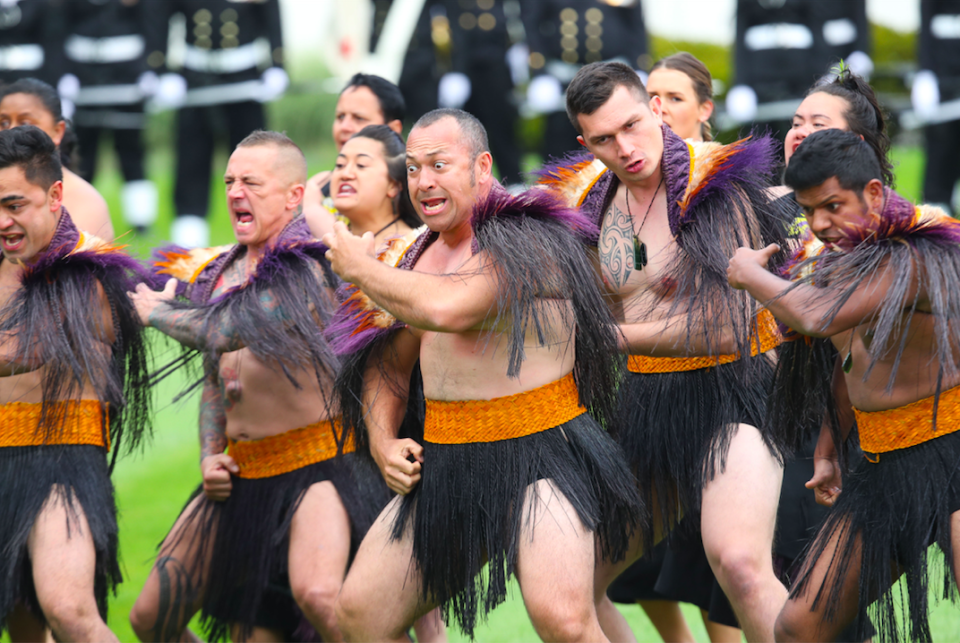 Traditional warriors greet the royals. Photo: Getty