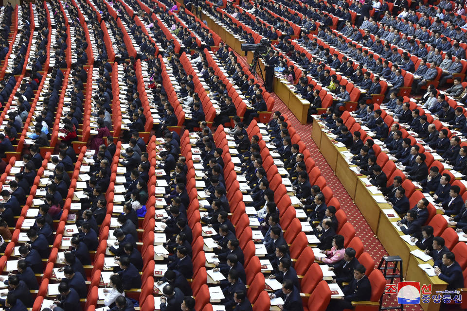 In this photo provided by the North Korean government, a ruling party congress is held in Pyongyang, North Korea Tuesday, Jan. 5, 2021. North Korean leader Kim Jong Un opened its first Workers’ Party Congress in five years with an admission of policy failures and a vow to lay out new developmental goals, state media reported Wednesday. Independent journalists were not given access to cover the event depicted in this image distributed by the North Korean government. The content of this image is as provided and cannot be independently verified. Korean language watermark on image as provided by source reads: "KCNA" which is the abbreviation for Korean Central News Agency. (Korean Central News Agency/Korea News Service via AP)