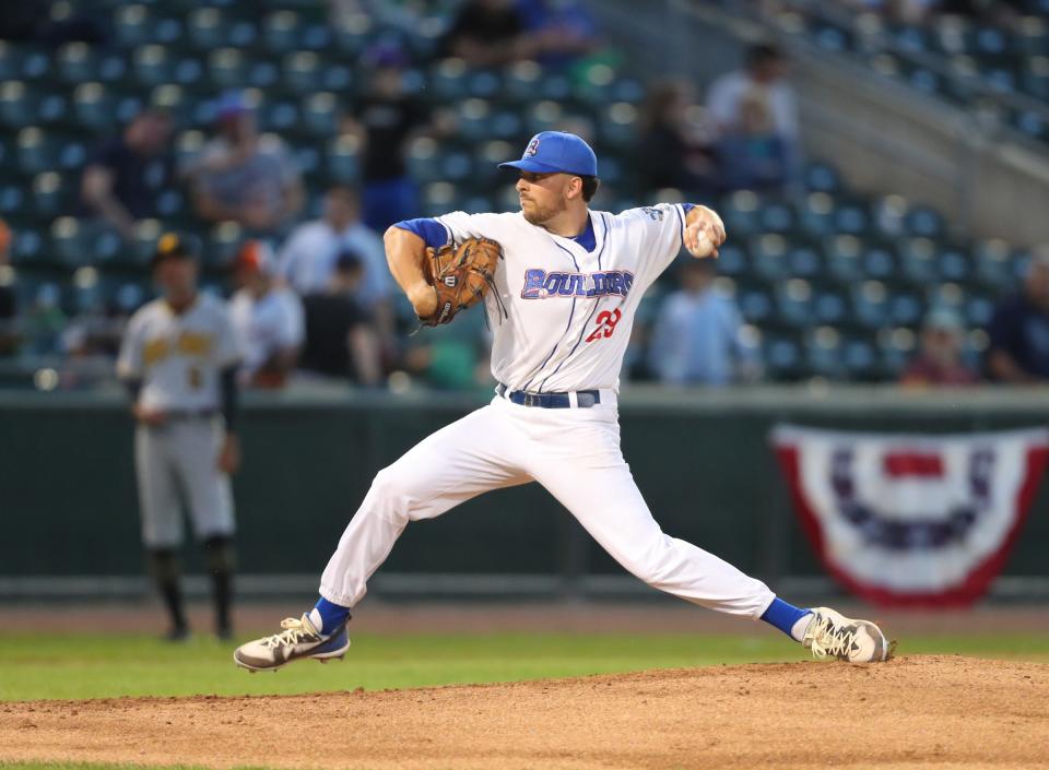 New York Boulders pitcher Danny Wirchansky delivers a pitch during their home opener against the Sussex Miners at Clover Stadium in Pomona on Thursday, May 12, 2022.