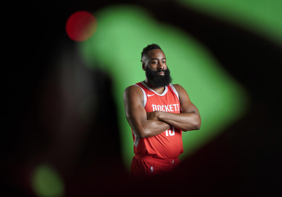 Houston Rockets' James Harden poses for the camera during media day Monday, Sept. 24, 2018, in Houston. (AP Photo/David J. Phillip)