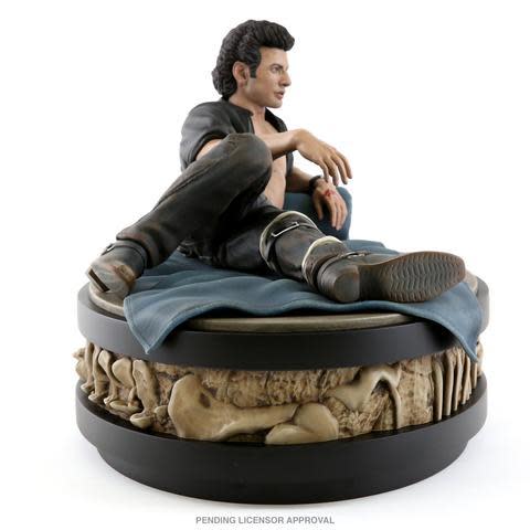 The statue captures Dr. Ian Malcolm in one of his most iconic poses.