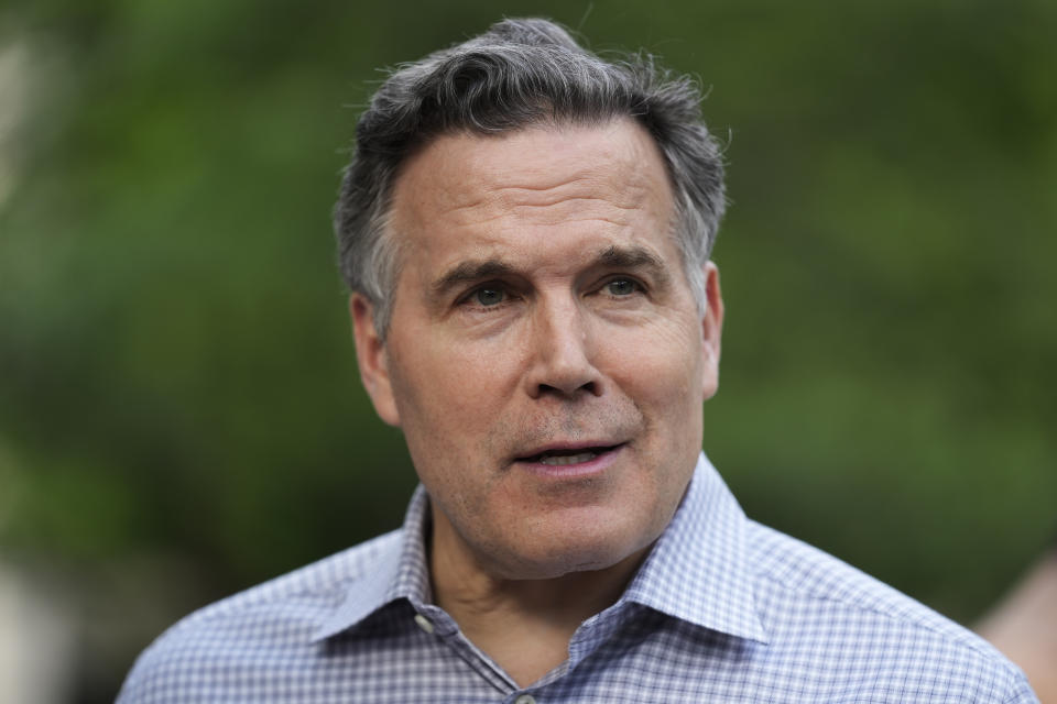 Republican U.S. Senate candidate Dave McCormick speaks outside a Gaza Solidarity Encampment at the University of Pennsylvania in Philadelphia, Wednesday, May 1, 2024. (AP Photo/Matt Rourke)