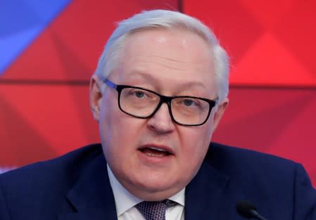 Russian Deputy Foreign Minister Ryabkov speaks during a news conference in Moscow