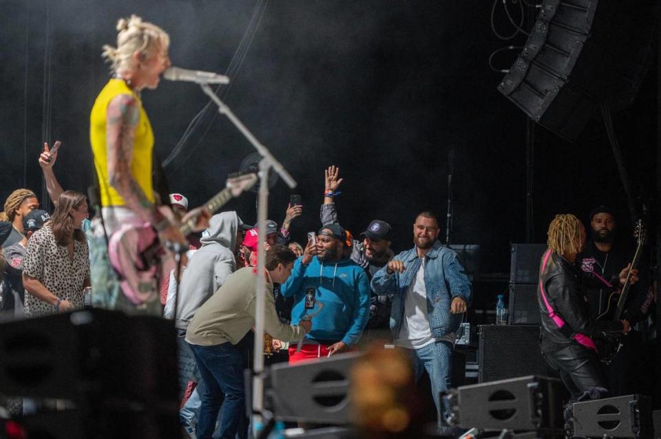 Travis Kelce dances while Machine Gun Kelly performs at Kelce Jam at the Azura Amphitheater on Friday, April 28, 2023, in Bonner Springs.