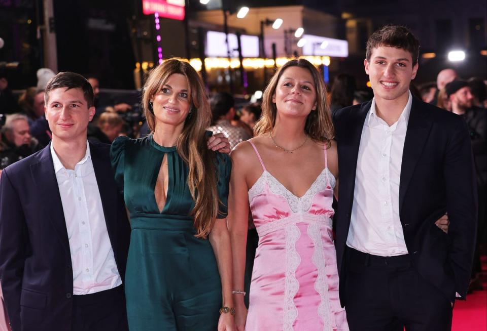 Jemima with her sons Sulaiman Khan and Kasim Khan and stepdaughter Tyrian Khan White at the UK premiere of her rom-com 