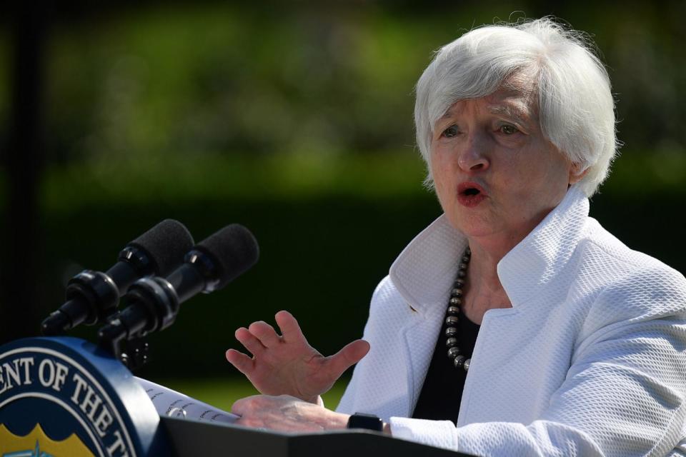 PHOTO: Treasury Secretary, Janet Yellen speaks during a press conference after attending the G7 Finance Ministers meeting at Winfield House on June 5, 2021 in London. (Justin Tallis/Getty Images)