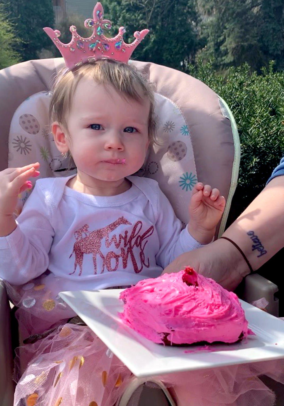 Becca Gregory had planned a big party for Luna's first birthday, including a beautiful animal smash cake. But the coronavirus pandemic meant she had to cancel it and instead make a cake from a box. Luna still loved it.  (Courtesy Becca Gregory)