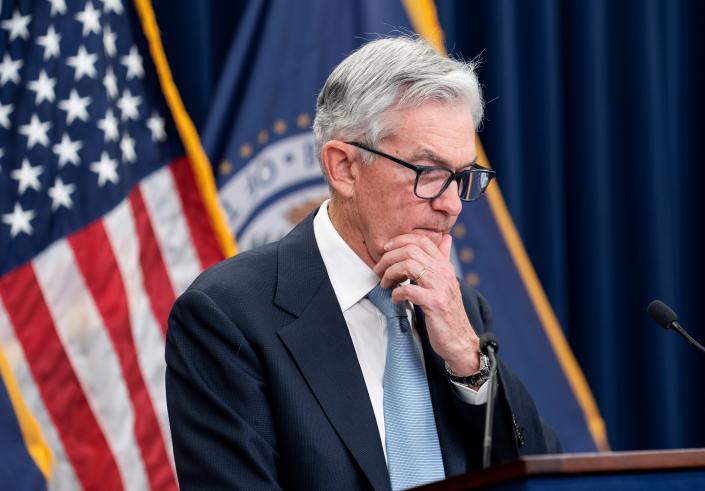 U.S. Federal Reserve Chair Jerome Powell attends a press conference in Washington, D.C., the United States, on March 22, 2023. The Fed raised interest rates by 25 basis points at the conclusion of its two-day meeting on Wednesday, lifting the target range of the federal funds rate to 4.75-5 percent. (Photo by Liu Jie/Xinhua via Getty Images)