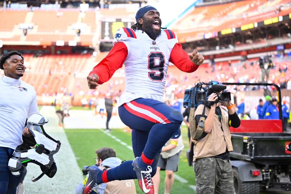 New England Patriots linebacker Matthew Judon (9) celebrates after the team defeated the Cleveland Browns in an NFL football game, Sunday, Oct. 16, 2022, in Cleveland.