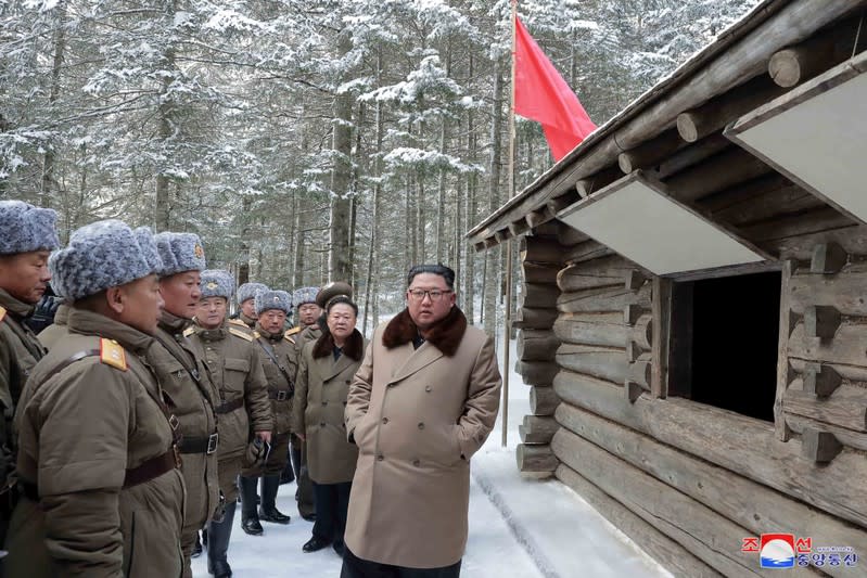 KCNA picture of North Korean leader Kim Jong Un visiting battle sites in areas of Mt Paektu