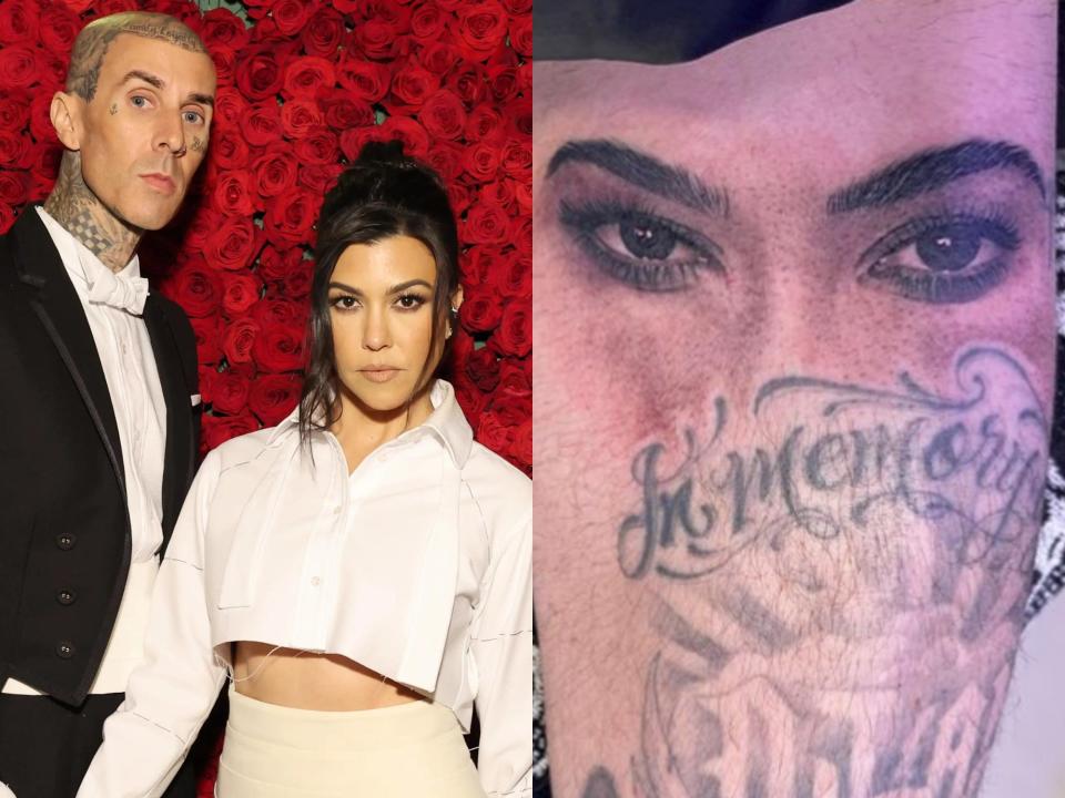 left: kourtney kardashian and travis barker at the met gala in 2022, standing against a backdrop of red roses. they're posing pretty seriously, looking towards the camera while wearing complementary, deconstructed tuxedo-like outfits. right: a tatto that barker posted about on instagram, showing eyes, eyebrows, and a nose bridge that resemble that of his wife. below, there's another tattoo that reads, "in memory"