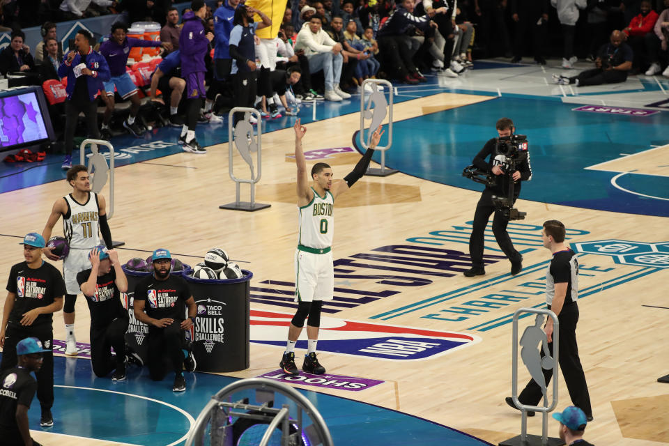 The cameraman in this picture was closer to the basket than Jayson Tatum during his winning shot. (Getty Images)