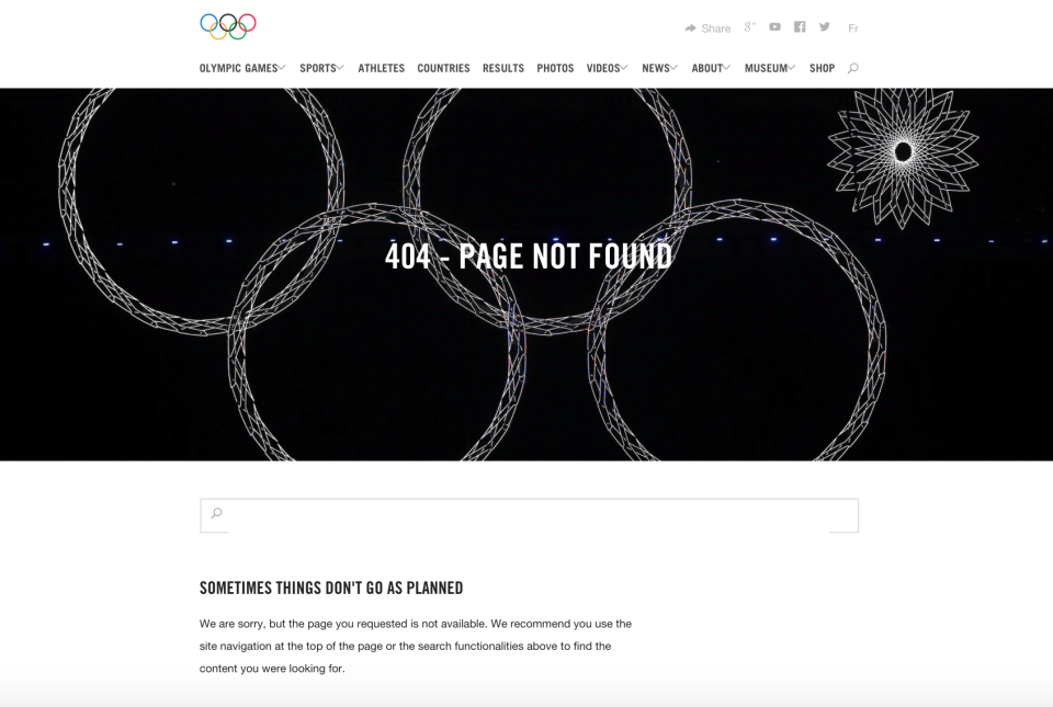 The Olympics website’s 404 page is a light-hearted dig at the Sochi Opening Ceremony. (Olympic.org)