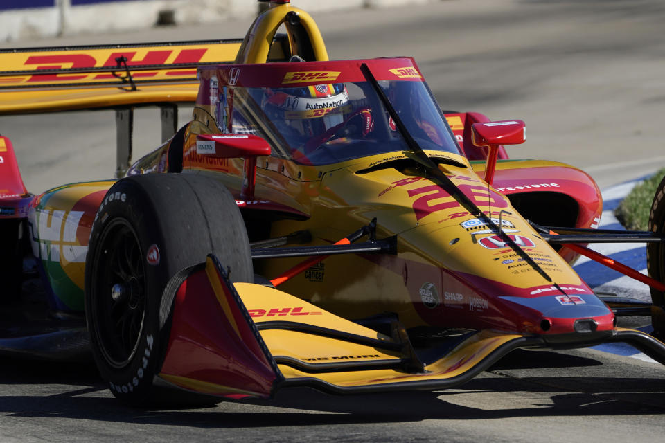 Zach Veach drives during practice for the IndyCar Detroit Grand Prix auto racing doubleheader on Belle Isle in Detroit, Friday, June 11, 2021. (AP Photo/Paul Sancya)