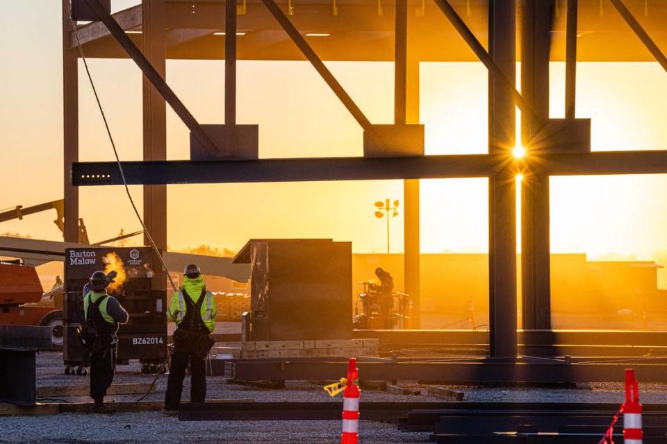 Construction is progressing at the BlueOval SK Battery Park outside Elizabethtown, Ky. The manufacturing facility is a partnership between Ford Motor Co. and SK On, a South Korea-based developer of electric vehicle batteries.