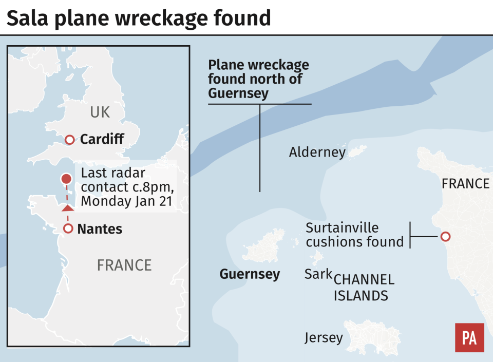 A map showing where the wreckage of the plane carrying Emiliano Sala was found. (PA)