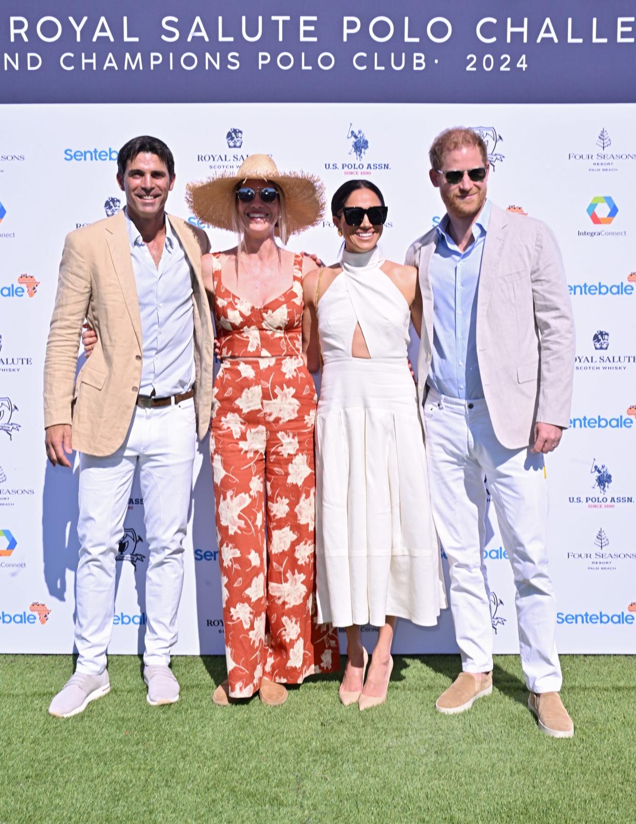 Nacho Figeruas, Delfina Blaquier, Meghan Markle, and Prince Harry attend the Royal Salute Polo Challenge in April 2024.