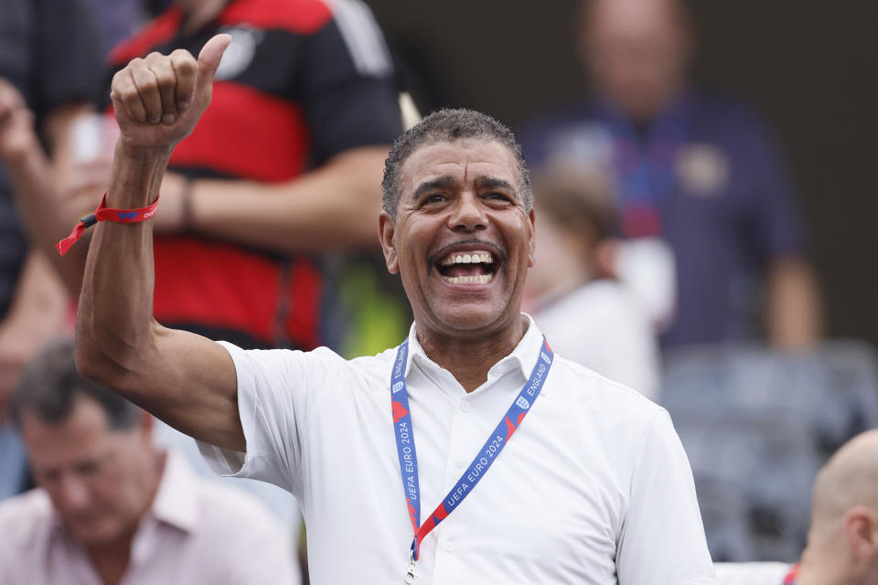 FRANKFURT AM MAIN, GERMANY - JUNE 20: Former Soccer player Chris Kamara waves from the stand before the UEFA EURO 2024 group stage match between Denmark and England at Frankfurt Arena on June 20, 2024 in Frankfurt am Main, Germany. (Photo by Richard Sellers/Sportsphoto/Allstar via Getty Images)