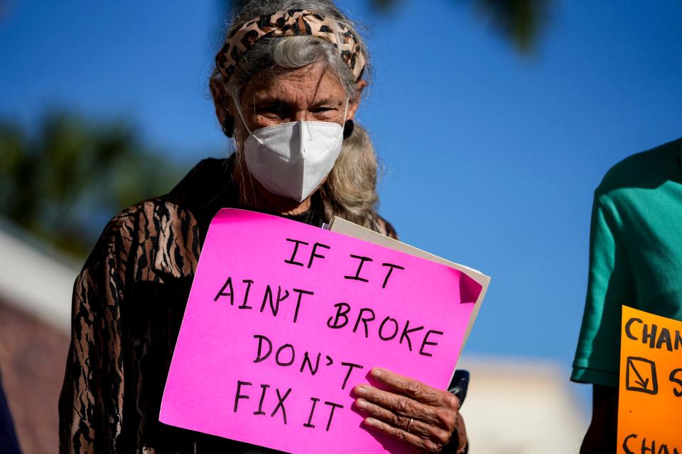 Former Martin County Commissioner Maggy Hurchalla protests before a county commission meeting on Tuesday, Nov. 16, 2021, outside the Martin County Administrative Center in Stuart. “If you’re getting rid of Chapter 2 because Maggy did it and Maggy is bad that’s probably a good reason. If you’re getting rid of it for the reasons that staff has given it just doesn’t make sense,” said Hurchalla. The meeting culminated with a vote on proposed changes to the Comprehensive Growth Management Plan that could affect future development across Martin County. 