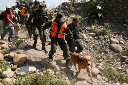Members of the Venezuelan National Guard who defected to Colombia with dogs are escorted by Colombian security forces near the Venezuelan-Colombian border in Cucuta, Colombia February 25, 2019. REUTERS/Marco Bello