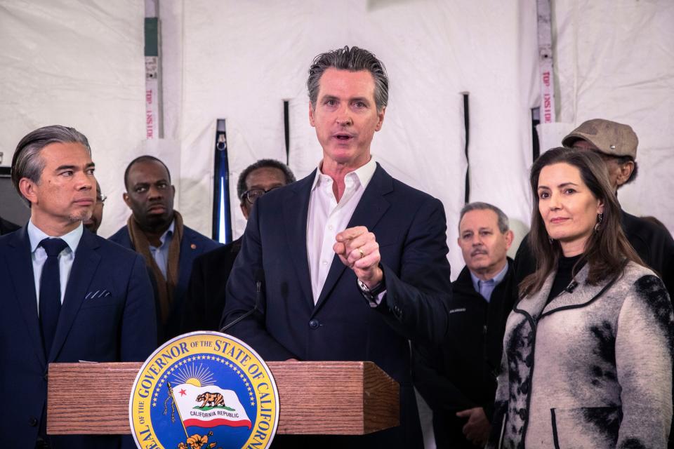 Governor Gavin Newsom is shown here speaking to reporters at the end of a week-long homelessness tour in January, during which he visited shelters across the state. California is home to around 140,000 homeless people, or about a quarter of the nation's total.