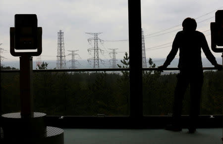 A visitor is silhouetted next to a pair of binoculars as he looks at Tokyo Electric Power Co.'s (TEPCO) Kashiwazaki Kariwa nuclear power plant, which is the world's biggest, at an observatory of its exhibition hall in Kashiwazaki November 12, 2012. REUTERS/Kim Kyung-Hoon/File photo