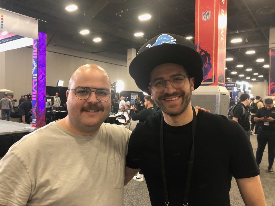 Elias Hale, right, a Lions fan and avid YouTuber from Mexico, and his cohost, Daniel Occelli, from Super Bowl Radio Row on Wednesday, Feb. 7, 2024, in Las Vegas.