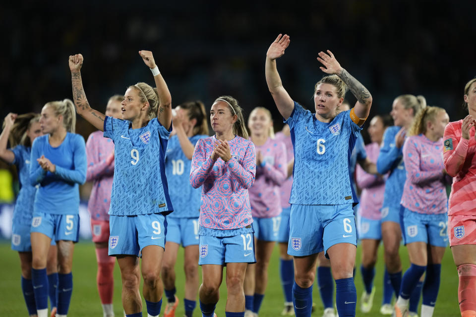 England players during the FIFA Women's World Cup Australia & New Zealand 2023 Semi Final match between Australia and England at Stadium Australia on August 16, 2023 in Sydney, Australia. (Photo by Jose Breton/Pics Action/NurPhoto via Getty Images)