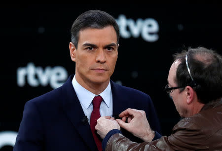 Candidate for Spanish general elections Spanish Prime Minister and Socialist Workers' Party (PSOE) Pedro Sanchez prepares before a televised debate ahead of general elections in Pozuelo de Alarcon, outside Madrid, Spain, April 22, 2019. REUTERS/Sergio Perez