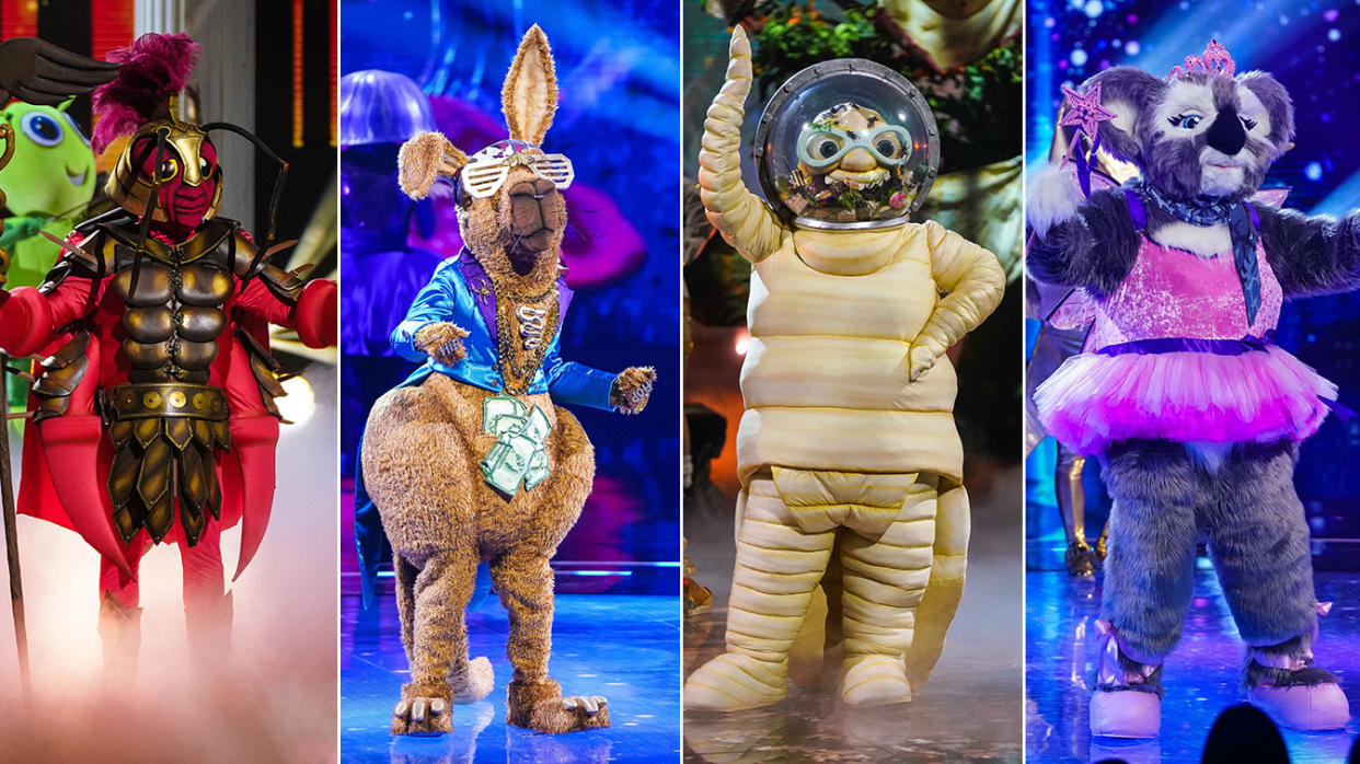 The Masked Singer: I'm A Celebrity Special: The judges will try to decipher which celebrities are Cockroach, Kangaroo, Witchetty Grub, and Koala. (ITV)

