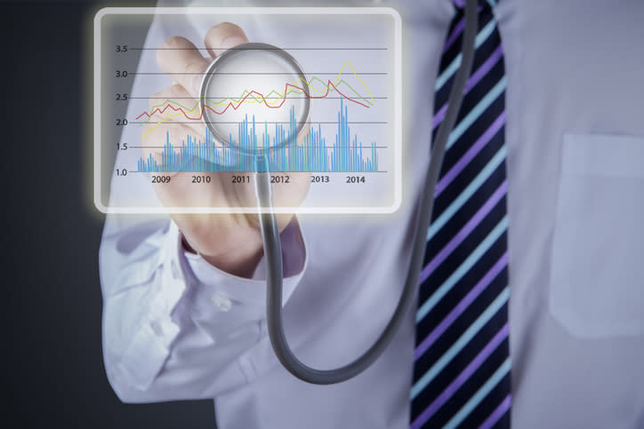 A doctor with a stethoscope on a stock chart.