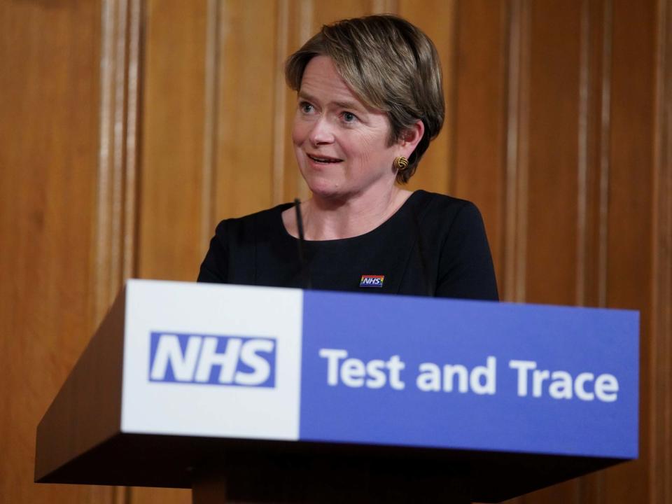 Executive chair of NHS Test and Trace, Baroness Dido Harding, speaks during a daily news conference on 27 May: 10 Downing Street/Reuters