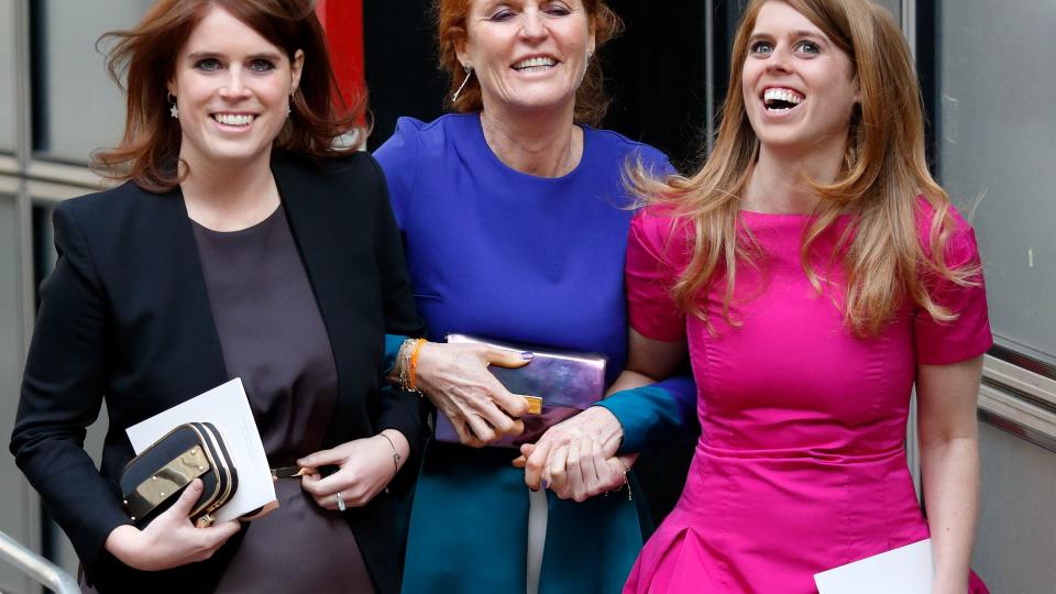 LONDON, UNITED KINGDOM - MAY 14: (EMBARGOED FOR PUBLICATION IN UK NEWSPAPERS UNTIL 24 HOURS AFTER CREATE DATE AND TIME) Princess Eugenie, Sarah Ferguson, Duchess of York and Princess Beatrice attend the wedding of Petra Palumbo and Simon Fraser, Lord Lovat at St Stephen Walbrook church on May 14, 2016 in London, England. (Photo by Max Mumby/Indigo/Getty Images)