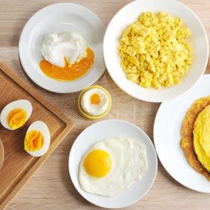 Various ways of cooking chicken eggs. Omelette, poached, soft-boiled, hard-boiled, fried, scrambled eggs.