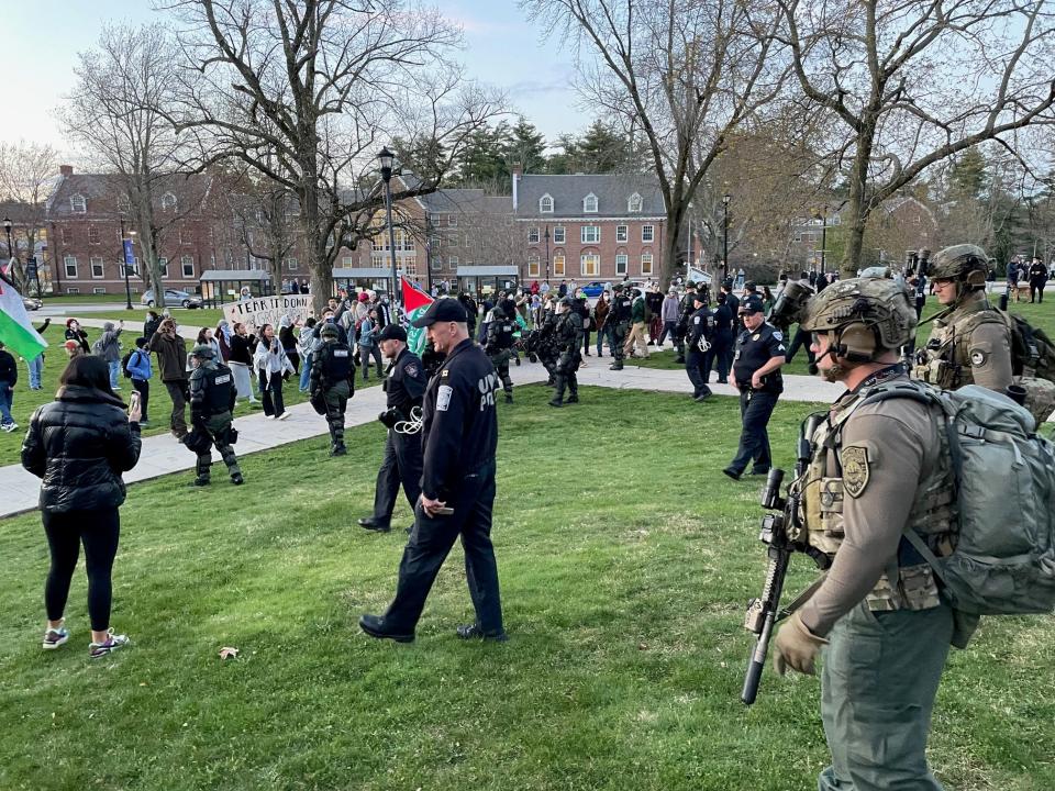 Police move in to remove pro-Palestine protesters attempting to set up camp at the University of New Hampshire in Durham Wednesday May 1, 2024.