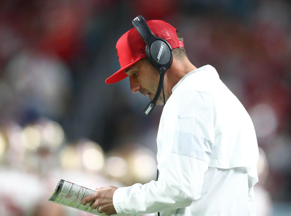 Feb 2, 2020; Miami Gardens, Florida, USA; San Francisco 49ers head coach Kyle Shanahan in Super Bowl LIV against the Kansas City Chiefs at Hard Rock Stadium. Mandatory Credit: Mark J. Rebilas-USA TODAY Sports