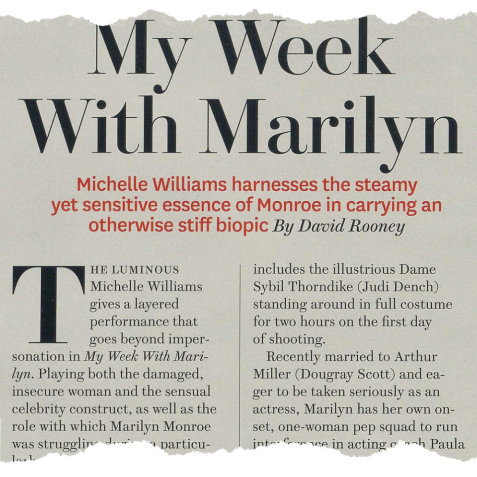 tear sheet of THR's original 'My Week With Marilyn' review from 2011