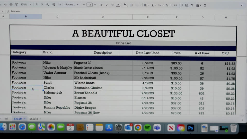 Jake Welch's spreadsheet is shown on his computer Wednesday, Aug. 2, 2023, in Salt Lake City. The 36-year-old brand manager for an advertising firm has meticulously created the spreadsheet highlighting 200 items - excluding underwear and socks - that lists the price he paid and tracks how many times he's worn it. (AP Photo/Rick Bowmer)