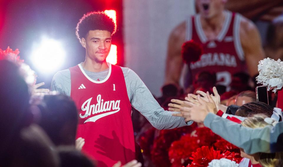 Indiana's Kel'el Ware is announced during Hoosier Hysteria at Simon Skjodt Assembly Hall on Friday, October 20, 2023.