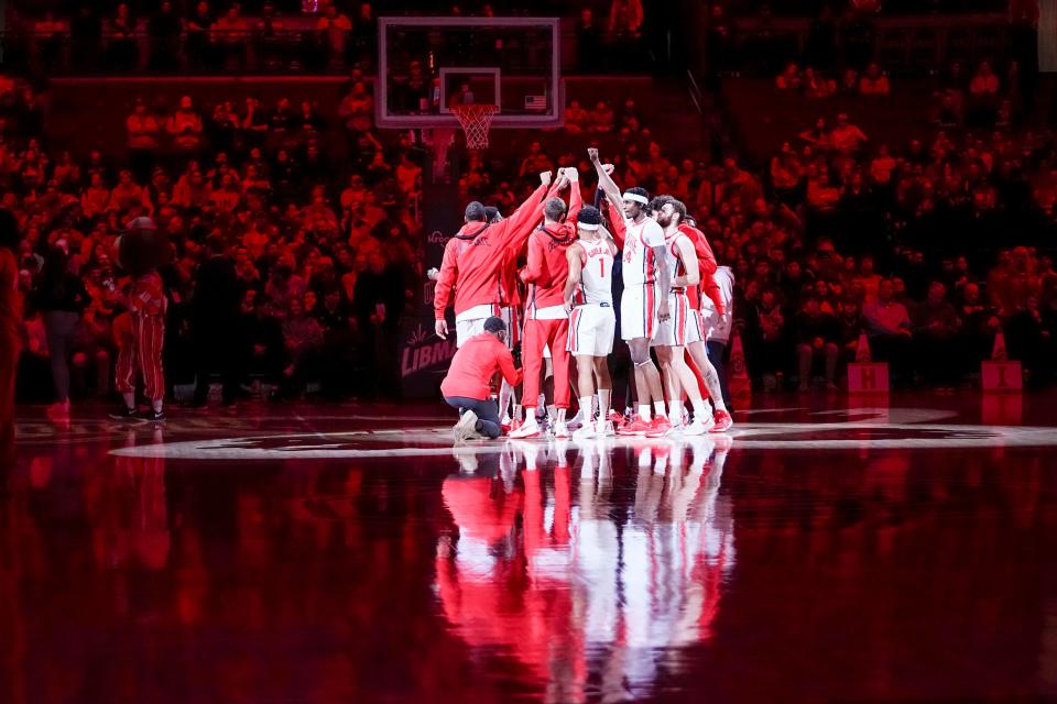 Jan 10, 2024; Columbus, Ohio, USA; The Ohio State Buckeyes huddle prior to the NCAA men’s basketball game against the Wisconsin Badgers at Value City Arena.