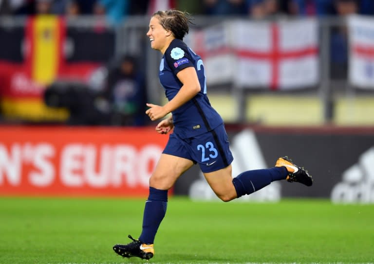 England's forward Fran Kirby celebrates after scoring a goal on July 23, 2017