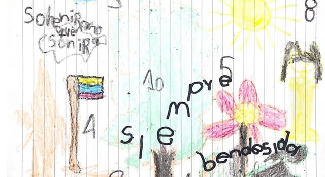 <p>Colombian ministry of defence</p> A second drawing by Soleiny, 9, shows the dog alongside a Colombian flag