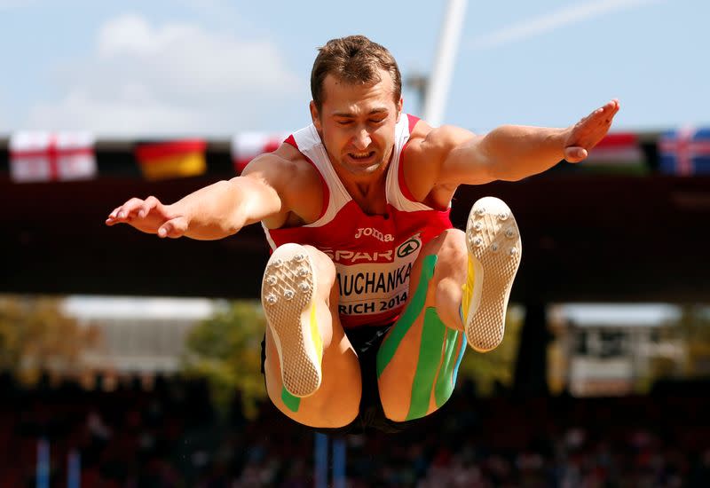 FILE PHOTO: Krauchanka of Belarus competes in the men's long jump decathlon during the Zurich 2014 European Athletics Championships at the Letzigrund Stadium in Zurich