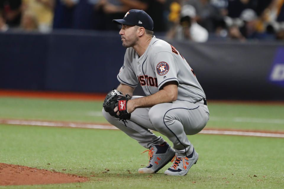 Houston Astros starting pitcher Justin Verlander reacts after giving up a home run to Tampa Bay Rays' Willy Adames during the fourth inning of Game 4 of a baseball American League Division Series, Tuesday, Oct. 8, 2019, in St. Petersburg, Fla. (AP Photo/Scott Audette)