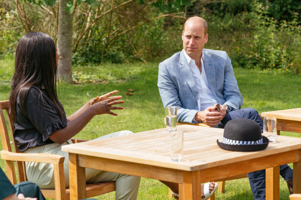 SANDRINGHAM, UNITED KINGDOM - JULY: In this undated handout photo issued on July 23, 2020 by Kensington Palace, Prince William, Duke of Cambridge speaks to four representatives from organisations which will benefit from the Royal Foundation's £1.8 Million fund to support frontline workers and the nation's mental health at the Sandringham Estate in Sandringham, United Kingdom. (Photo by Kensington Palace via Getty Images)