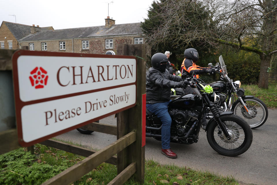 A motorbike convoy makes it's way through the village of Charlton as they follow Harry Dunn's last ride as a tribute to the teenager who died when his motorbike was involved in a head-on collision outside passes RAF Croughton, Northamptonshire, in August.