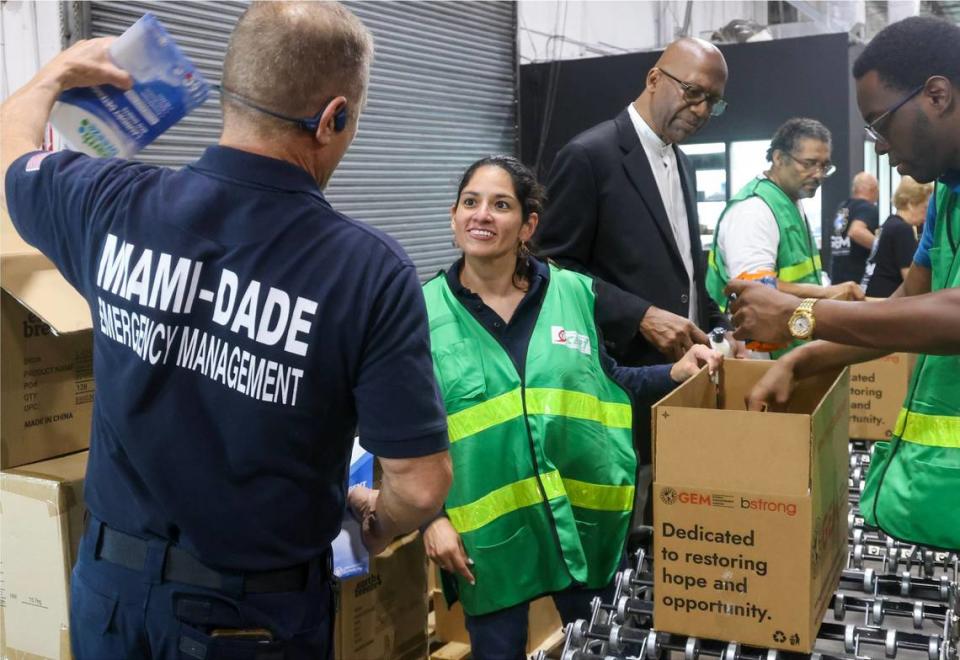 Miami-Dade Emergency Management officials and staff help in the packaging of hurricane recovery kits as they participate in Aid Efforts to the Caribbean in conjunction with the Caribbean Consular Corps and SFL Caribbean Strong on Thursday, July 4, 2024 at the Global Empowerment Mission in Doral, Florida.