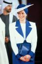 <p>Princess Diana in a blue-and-white suited look and matching hat. </p>