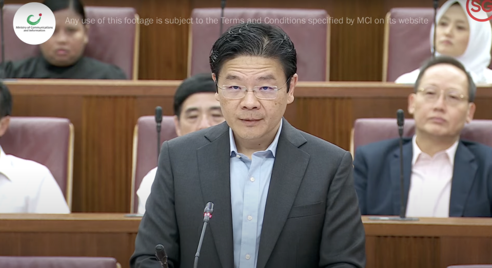 Lawrence Wong in Parliament, illustrating a story on Budget 2024.