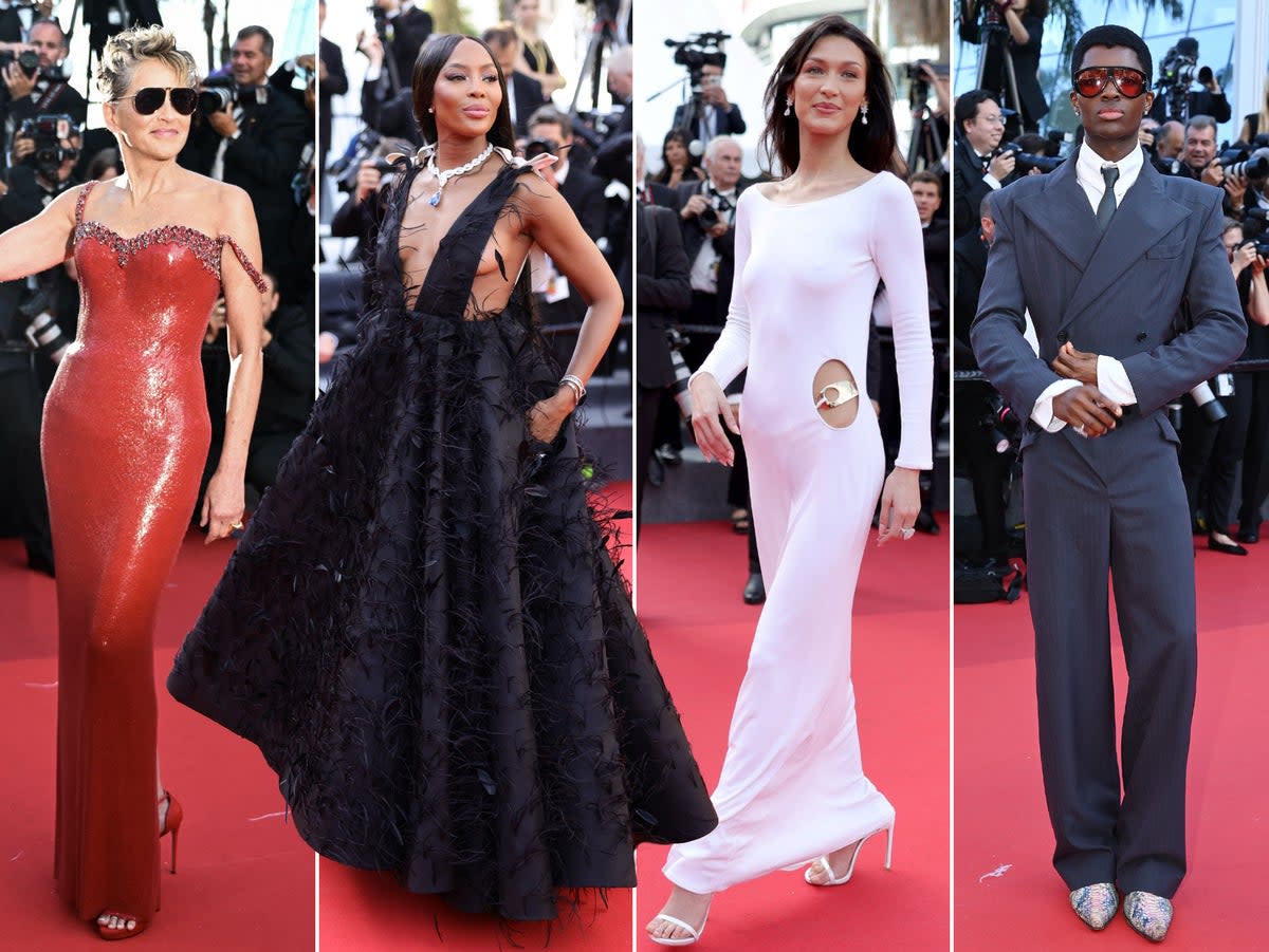 Sharon Stone, Naomi Campbell, Bella Hadid and Alton Mason (right)  (Getty)